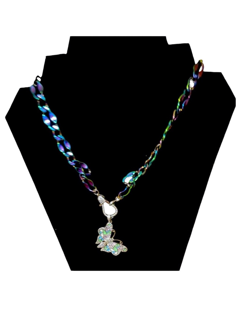 Necklace Butterfly Pave, Trendy Oil Spill Chain, Magnetic Closure